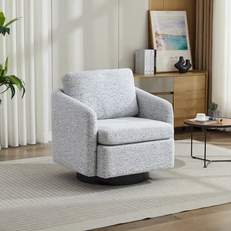 White and Black 31.5 Chenille Swivel Accent Chair with Solid Wood Frame