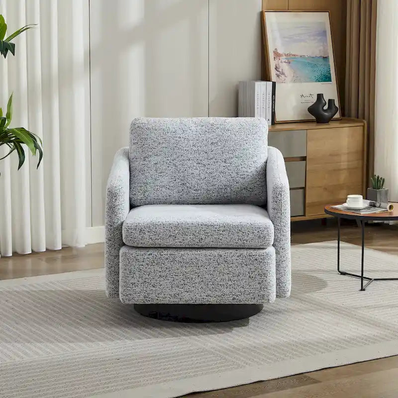 White and Black 31.5 Chenille Swivel Accent Chair with Solid Wood Frame