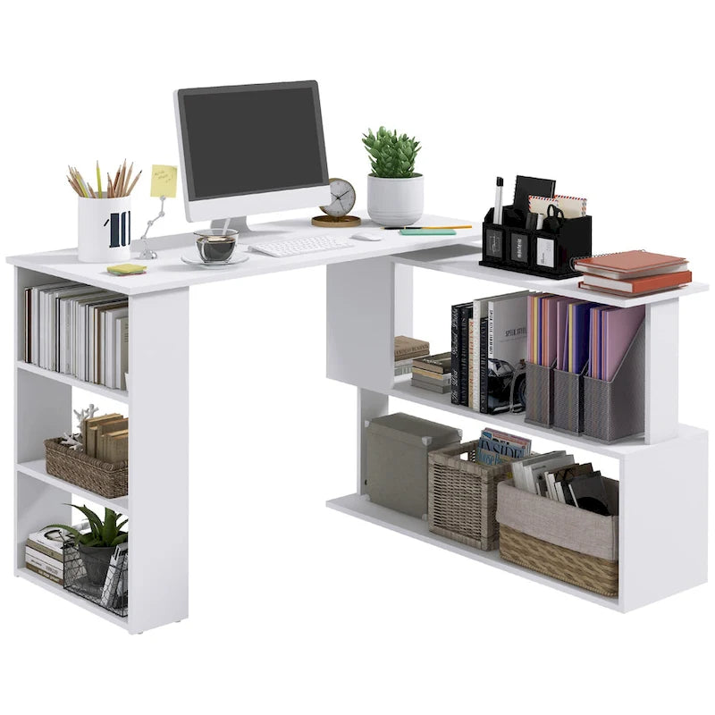 Modern L Shaped Computer Office Desk with 360 Degree Rotating Support and Ample Storage Cell for Small Offices and Bedrooms