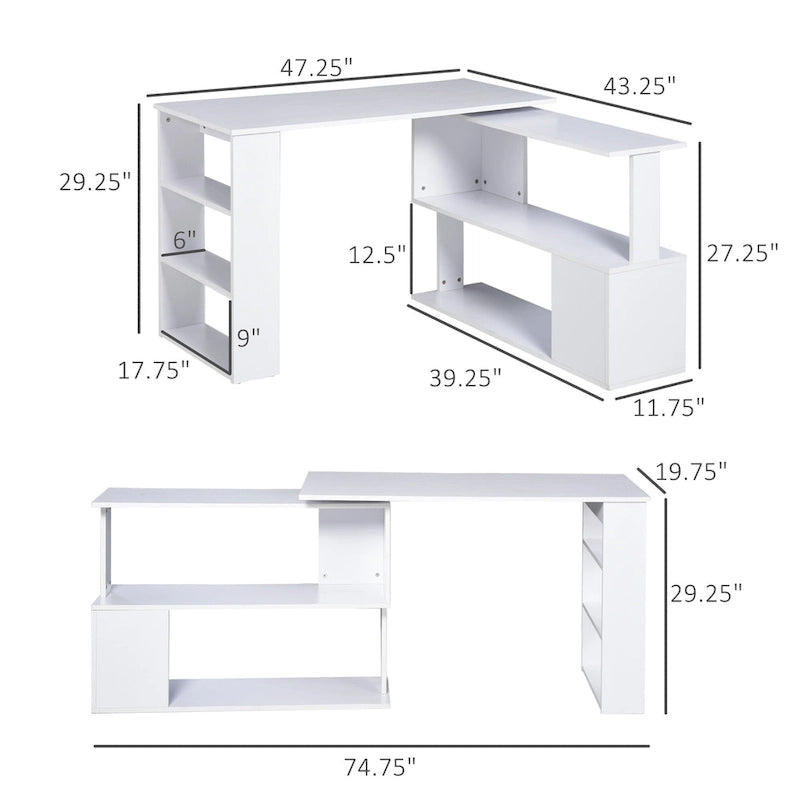 Modern L Shaped Computer Office Desk with 360 Degree Rotating Support and Ample Storage Cell for Small Offices and Bedrooms