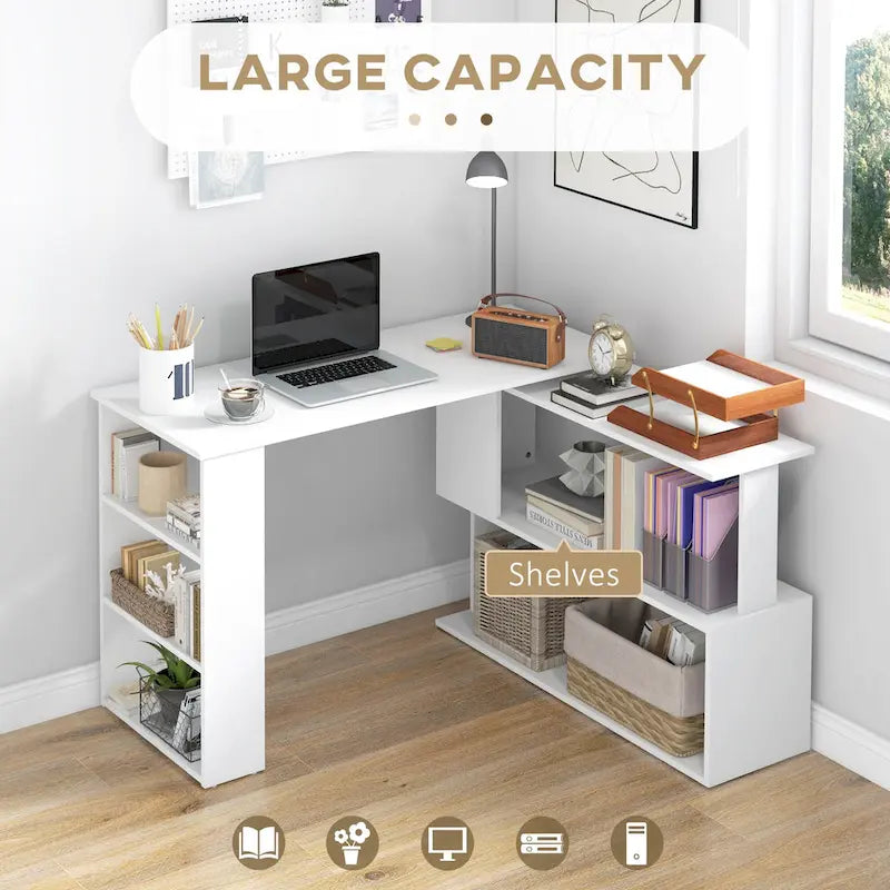 Modern L Shaped Computer Office Desk with 360 Degree Rotating Support and Ample Storage Cell for Small Offices and Bedrooms