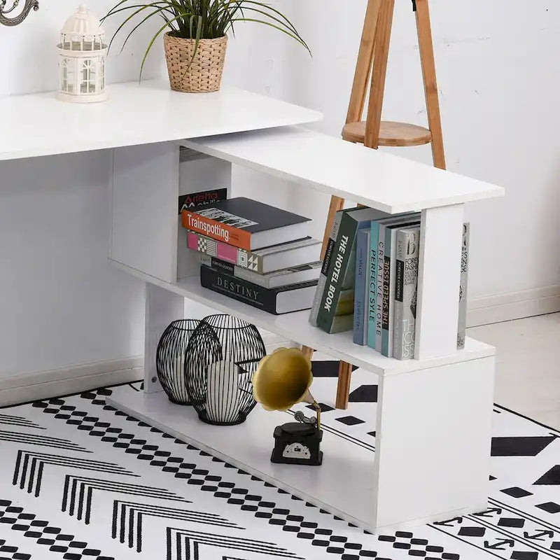 Modern L Shaped Computer Office Desk with 360 Degree Rotating Support and Ample Storage Cell for Small Offices and Bedrooms