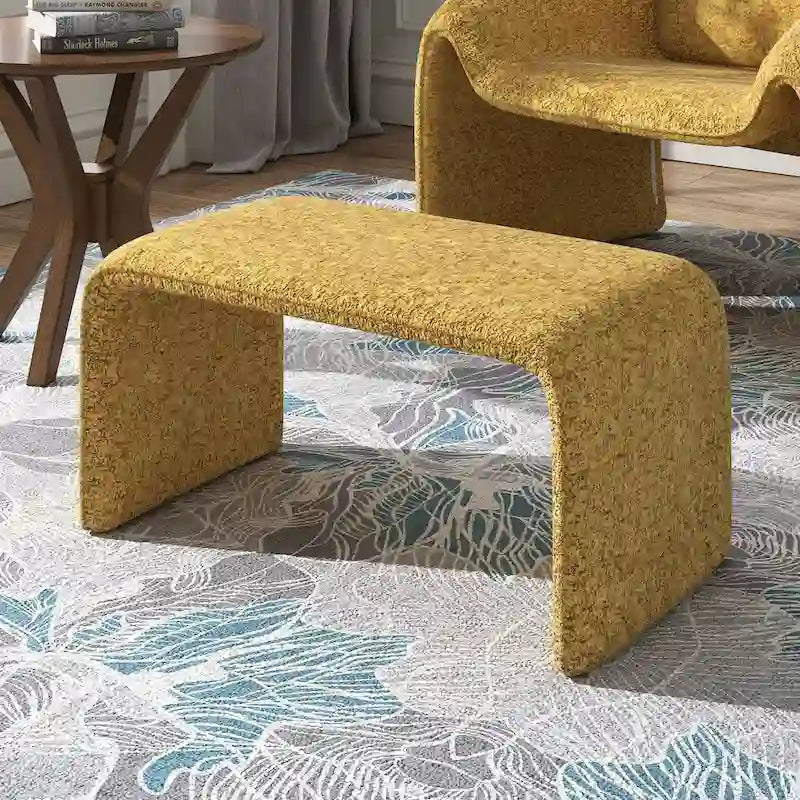 Contemporary Ottoman with Curved Bentwood Frame and Boucle Upholstery