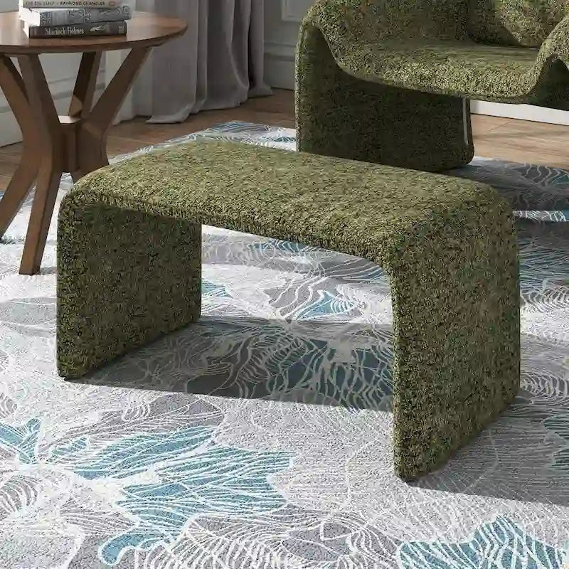 Contemporary Ottoman with Curved Bentwood Frame and Boucle Upholstery