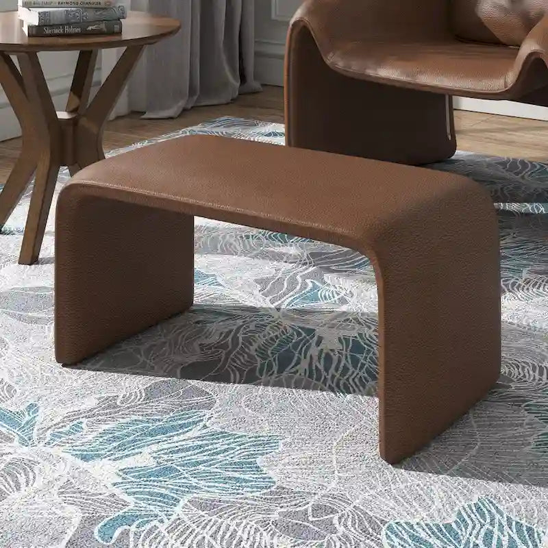 Contemporary Ottoman with Curved Bentwood Frame and Boucle Upholstery