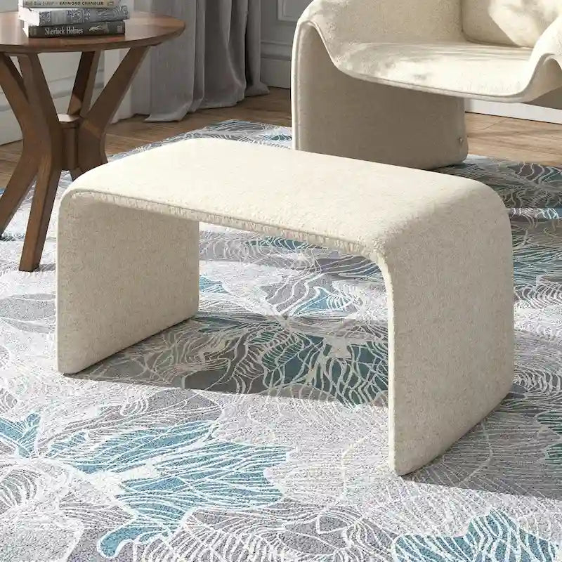 Contemporary Ottoman with Curved Bentwood Frame and Boucle Upholstery