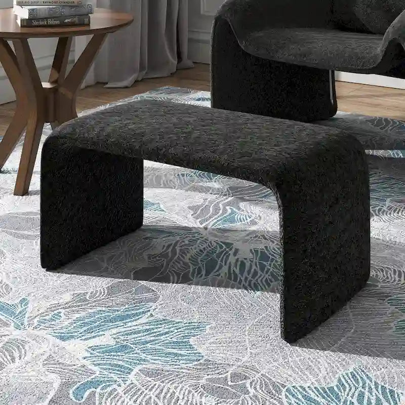 Contemporary Ottoman with Curved Bentwood Frame and Boucle Upholstery