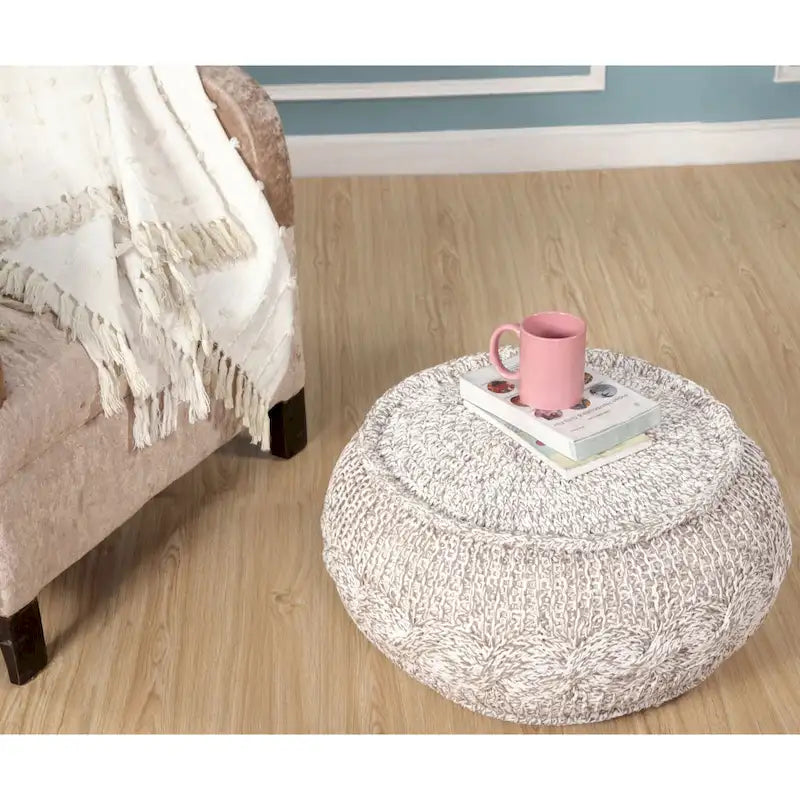 20 Inch Beige Cotton Pouf Ottoman with Geometric Design for Living Room