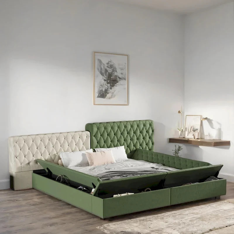 King Size Upholstered Bed with Storage Compartments and Footboard