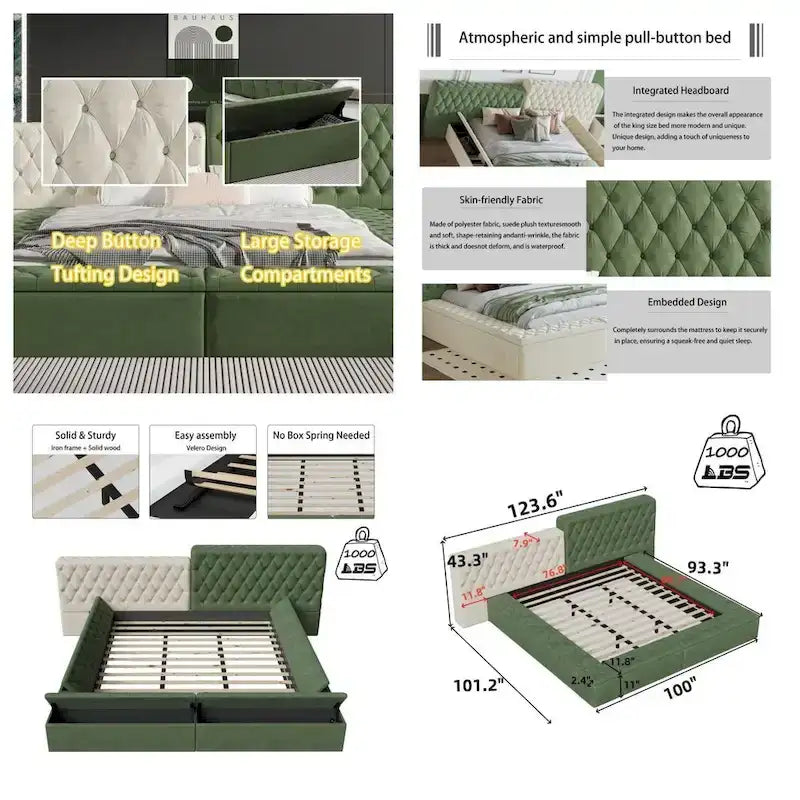 King Size Upholstered Bed with Storage Compartments and Footboard