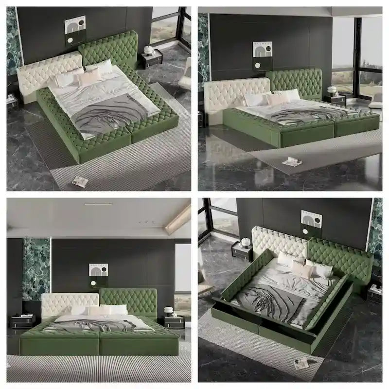 King Size Upholstered Bed with Storage Compartments and Footboard