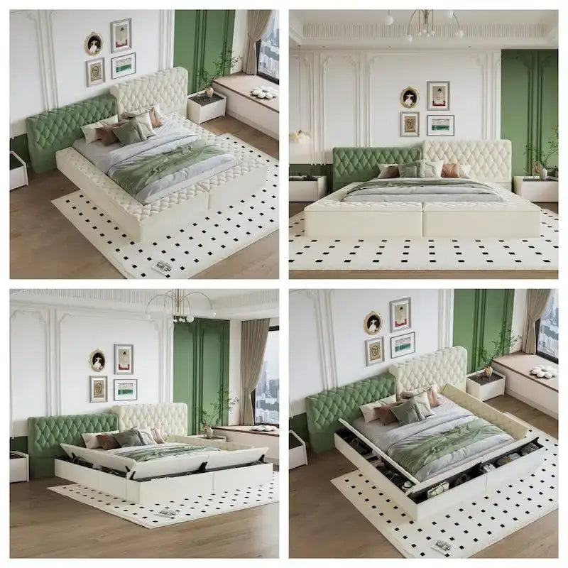 King Size Upholstered Bed with Storage Compartments and Footboard