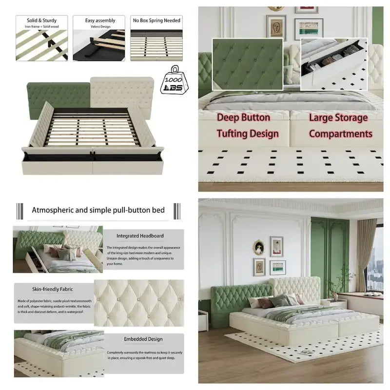 King Size Upholstered Bed with Storage Compartments and Footboard