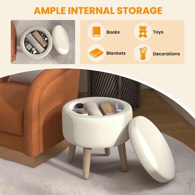 Round Storage Ottoman Accent Storage Footstool with Tray