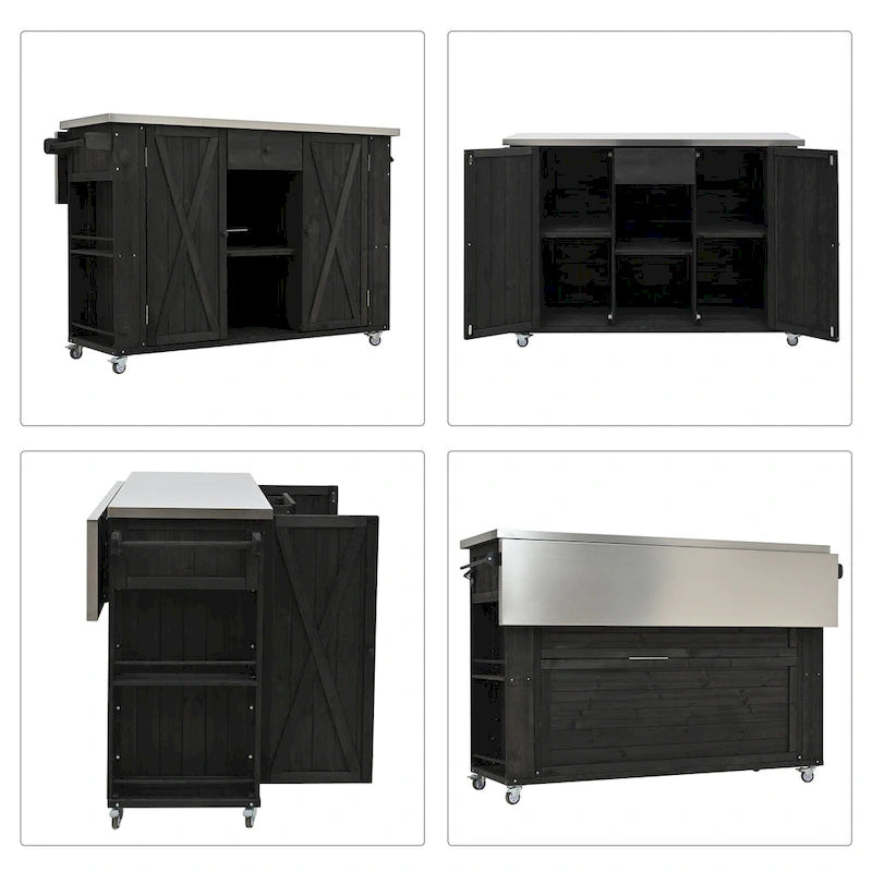Outdoor Kitchen Island, Rustic Fir Wood with Stainless Steel Top and Smart Storage