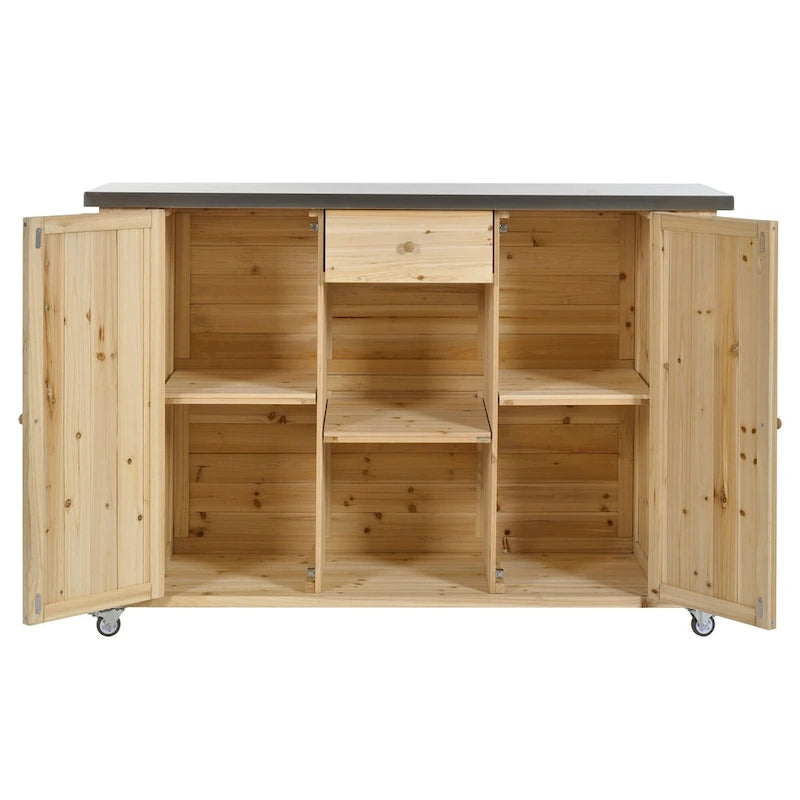 Outdoor Kitchen Island, Rustic Fir Wood with Stainless Steel Top and Smart Storage