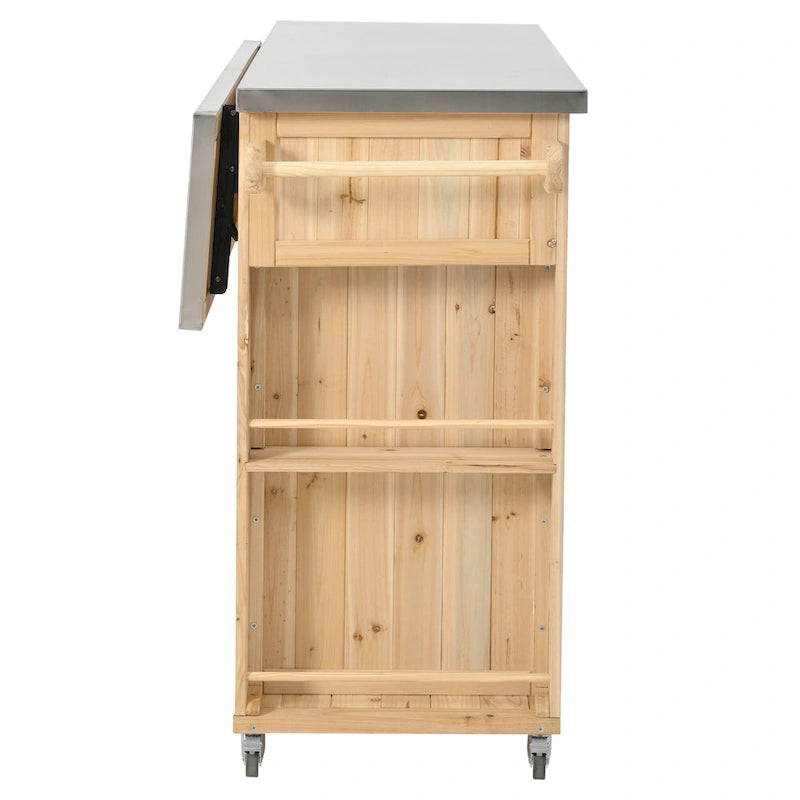Outdoor Kitchen Island, Rustic Fir Wood with Stainless Steel Top and Smart Storage