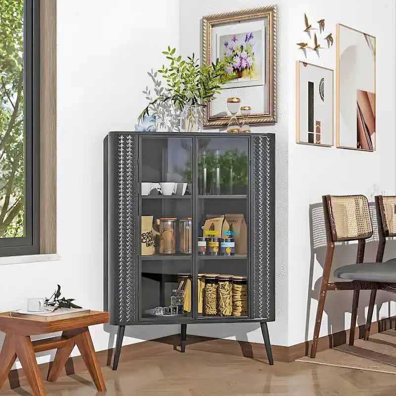 Modern 3-Tier Corner Storage Cabinet with Tempered Glass Doors, Shelves and Metal Frame, Freestanding Space-Saving Organizer