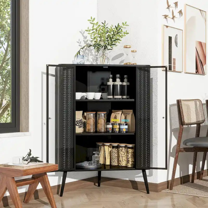 Meuble d'angle de rangement moderne à 3 niveaux avec portes en verre trempé, étagères et cadre en métal, organiseur autoportant peu encombrant