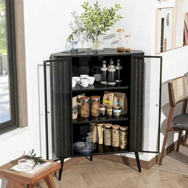 Modern 3-Tier Corner Storage Cabinet with Tempered Glass Doors, Shelves and Metal Frame, Freestanding Space-Saving Organizer