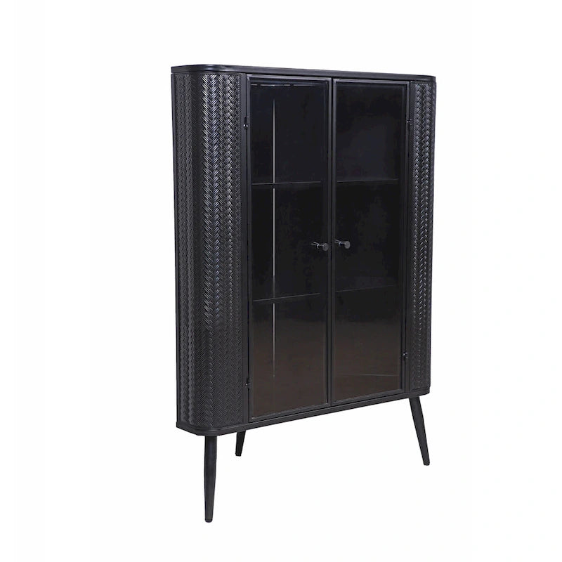 Meuble d'angle de rangement moderne à 3 niveaux avec portes en verre trempé, étagères et cadre en métal, organiseur autoportant peu encombrant