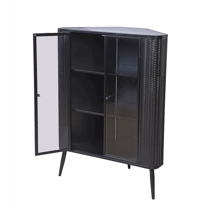 Meuble d'angle de rangement moderne à 3 niveaux avec portes en verre trempé, étagères et cadre en métal, organiseur autoportant peu encombrant
