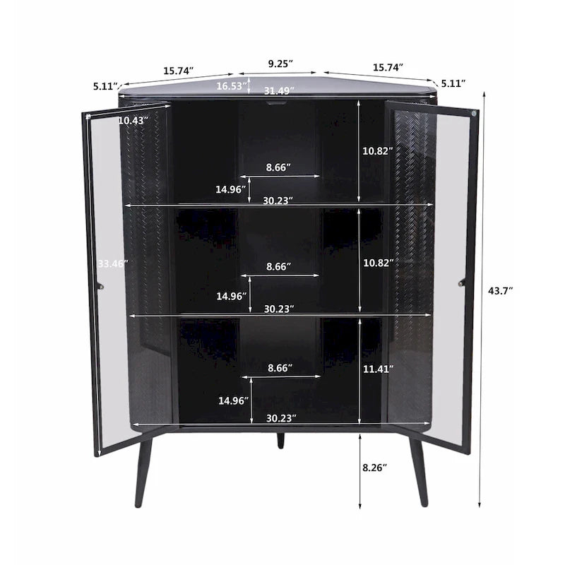 Meuble d'angle de rangement moderne à 3 niveaux avec portes en verre trempé, étagères et cadre en métal, organiseur autoportant peu encombrant
