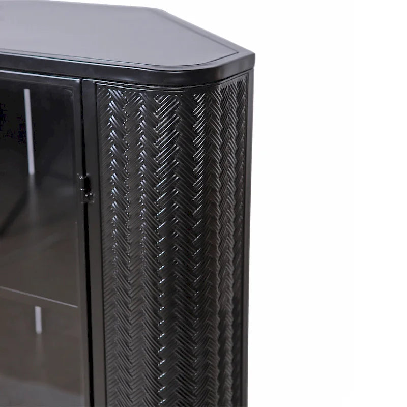 Meuble d'angle de rangement moderne à 3 niveaux avec portes en verre trempé, étagères et cadre en métal, organiseur autoportant peu encombrant