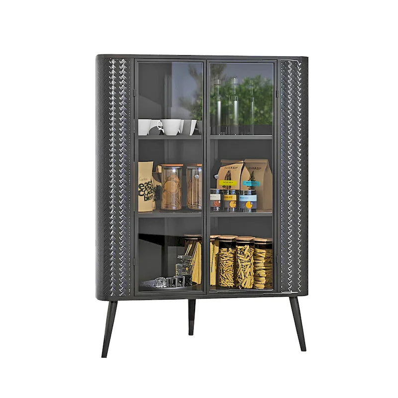Meuble d'angle de rangement moderne à 3 niveaux avec portes en verre trempé, étagères et cadre en métal, organiseur autoportant peu encombrant