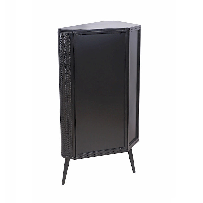 Meuble d'angle de rangement moderne à 3 niveaux avec portes en verre trempé, étagères et cadre en métal, organiseur autoportant peu encombrant