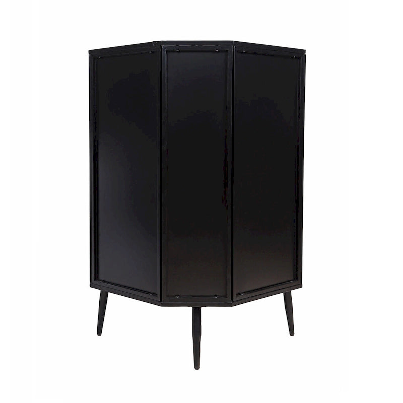 Meuble d'angle de rangement moderne à 3 niveaux avec portes en verre trempé, étagères et cadre en métal, organiseur autoportant peu encombrant
