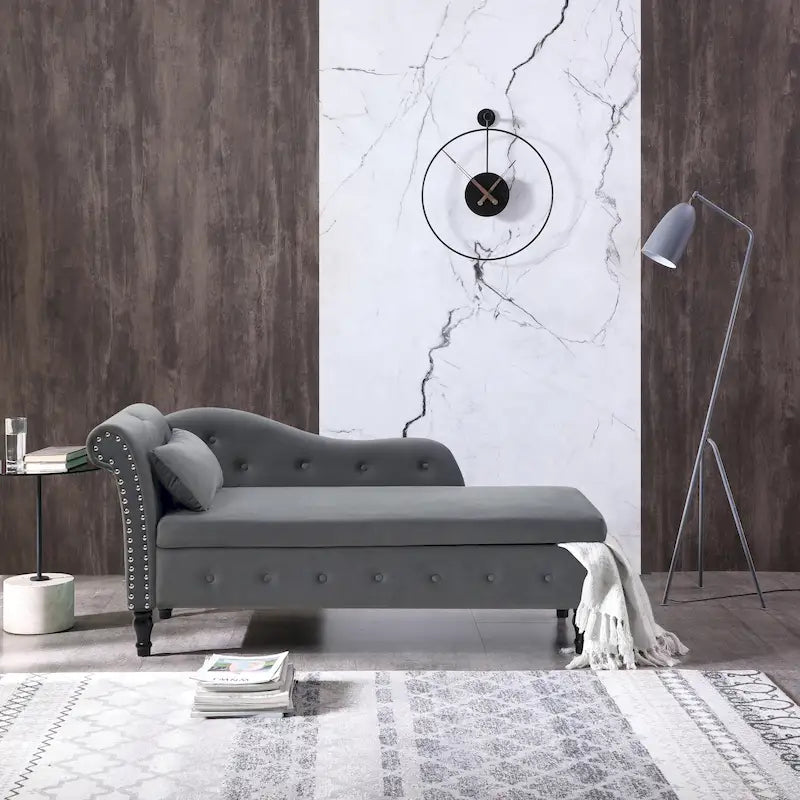 Grey Modern 60 Velvet Upholstered Buttons Tufted Chaise Lounge Chair with Solid Wood Legs and Storage