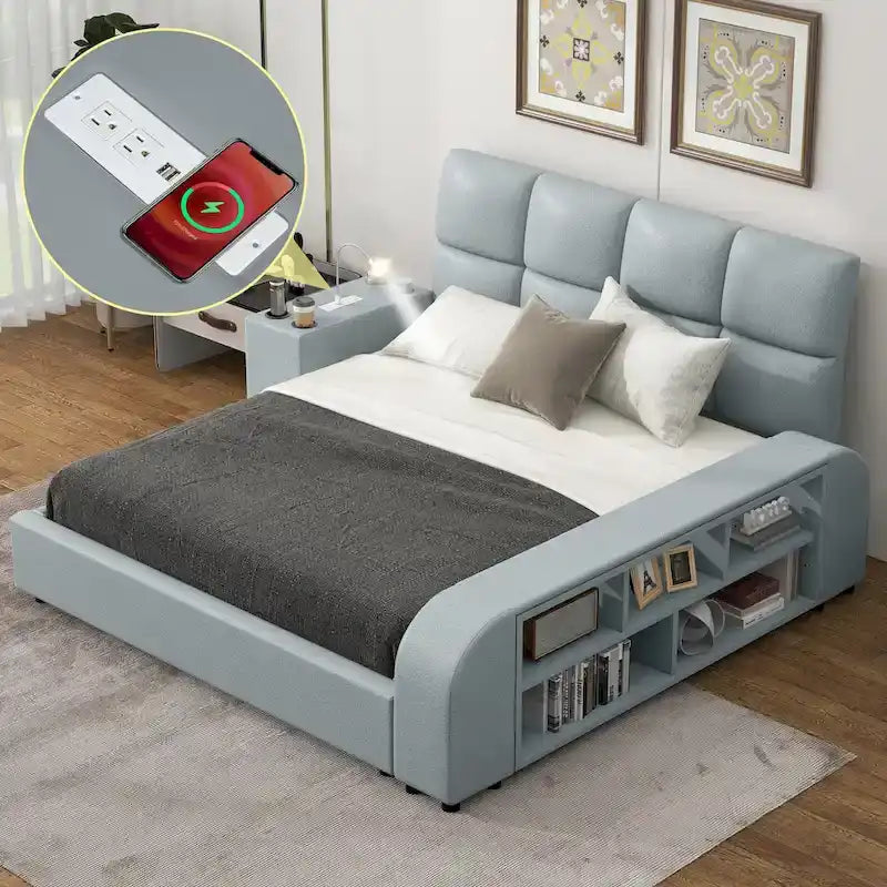 Cadre de lit plateforme en cuir PU Queen Size avec table de chevet multimédia