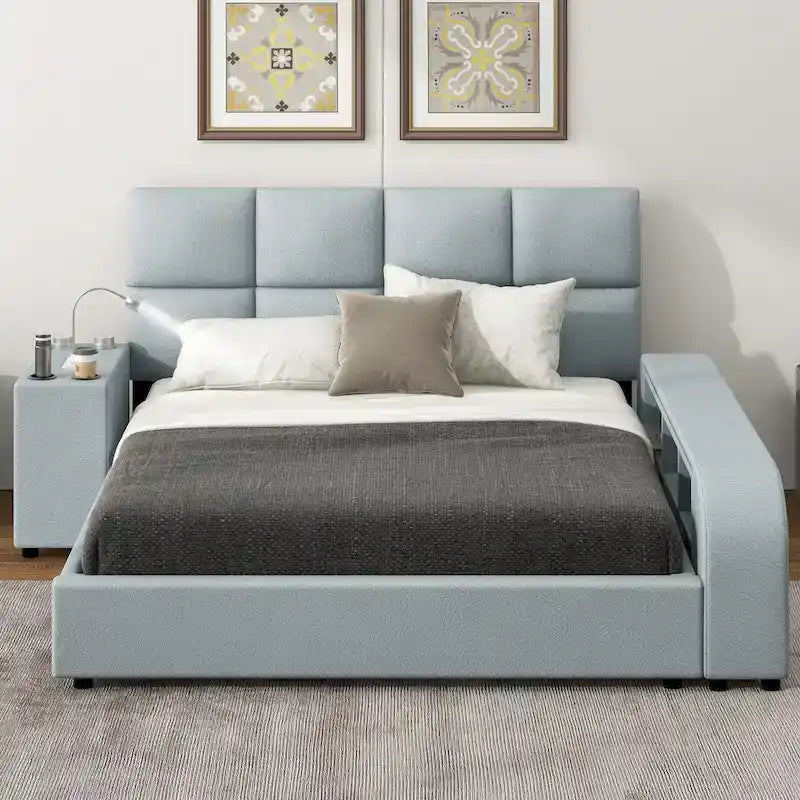 Cadre de lit plateforme en cuir PU Queen Size avec table de chevet multimédia
