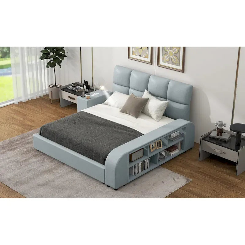 Cadre de lit plateforme en cuir PU Queen Size avec table de chevet multimédia