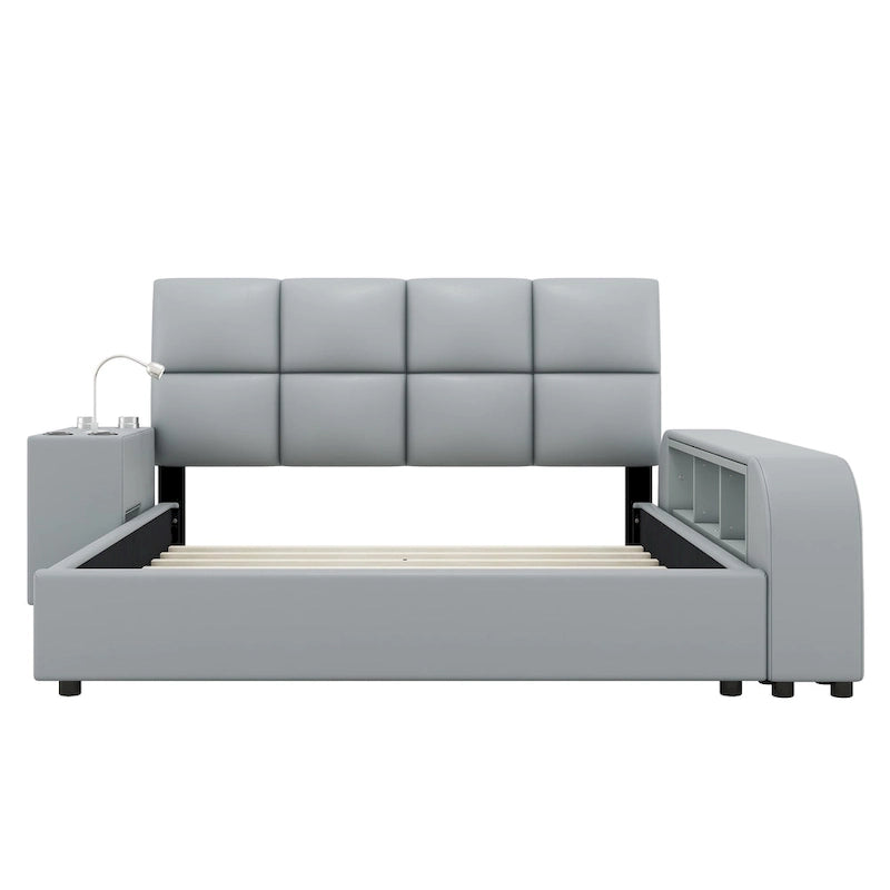 Cadre de lit plateforme en cuir PU Queen Size avec table de chevet multimédia
