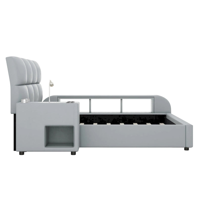 Cadre de lit plateforme en cuir PU Queen Size avec table de chevet multimédia
