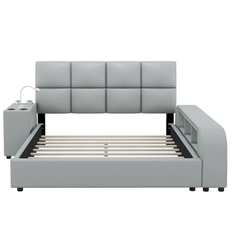 Cadre de lit plateforme en cuir PU Queen Size avec table de chevet multimédia