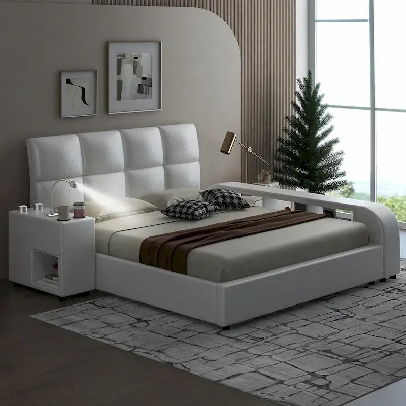 Cadre de lit plateforme en cuir PU Queen Size avec table de chevet multimédia