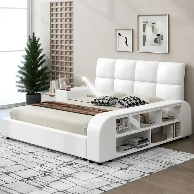 Cadre de lit plateforme en cuir PU Queen Size avec table de chevet multimédia