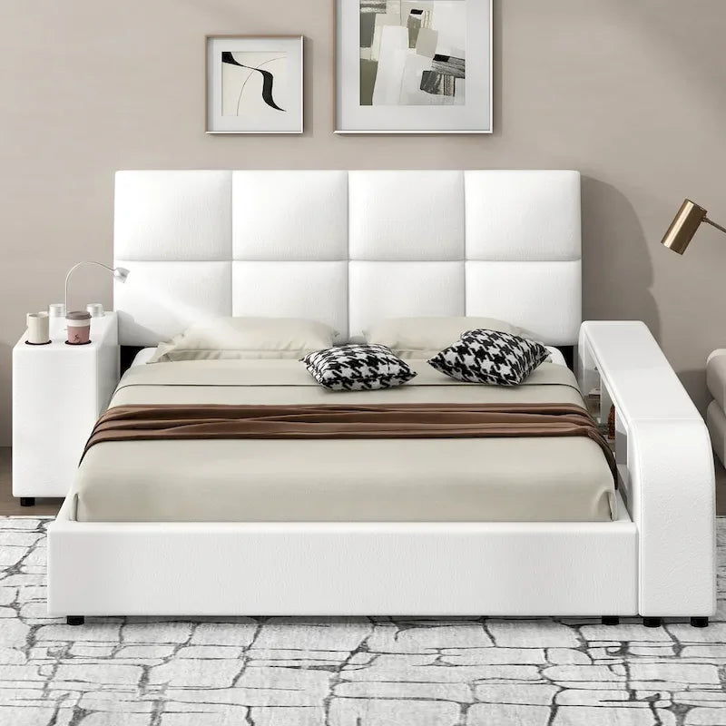 Cadre de lit plateforme en cuir PU Queen Size avec table de chevet multimédia