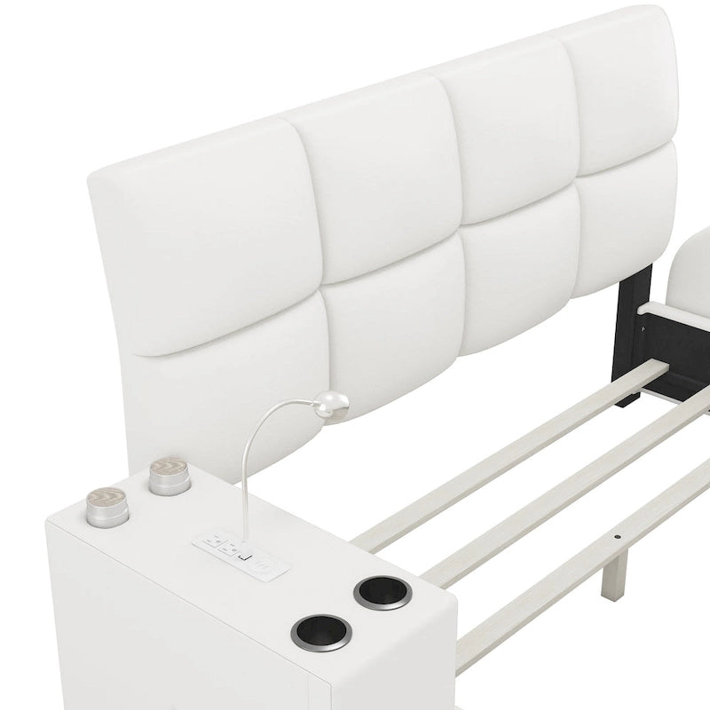 Cadre de lit plateforme en cuir PU Queen Size avec table de chevet multimédia