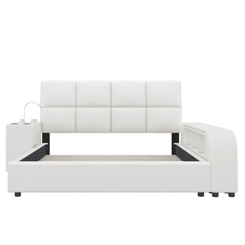 Cadre de lit plateforme en cuir PU Queen Size avec table de chevet multimédia