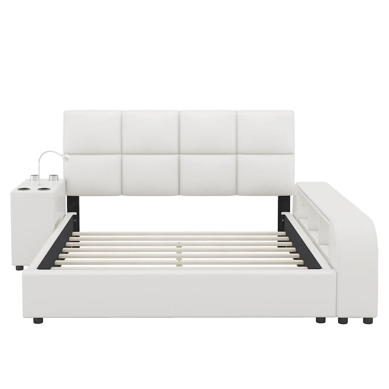 Cadre de lit plateforme en cuir PU Queen Size avec table de chevet multimédia