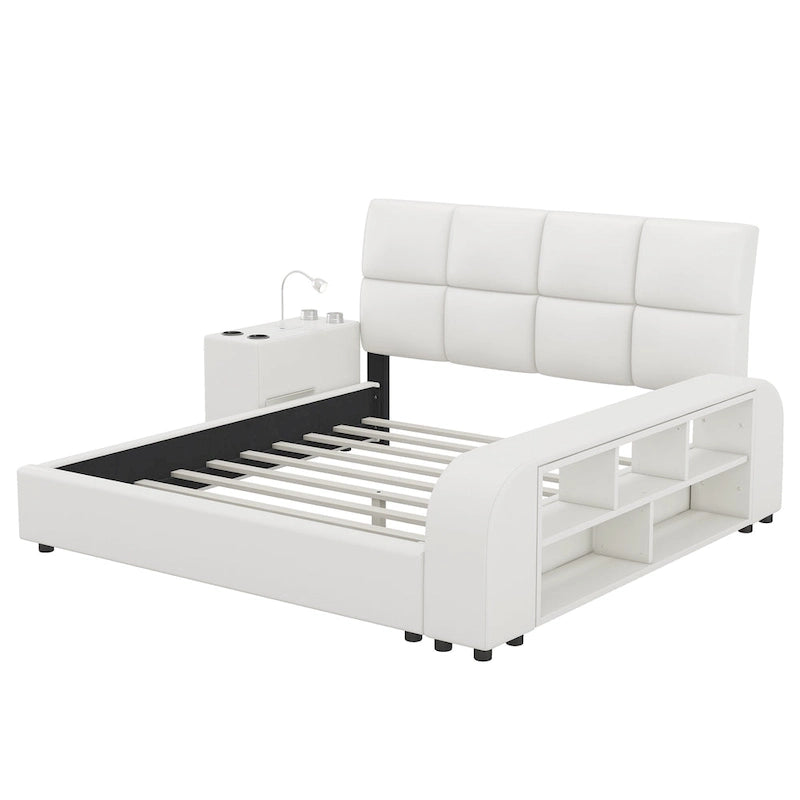 Cadre de lit plateforme en cuir PU Queen Size avec table de chevet multimédia
