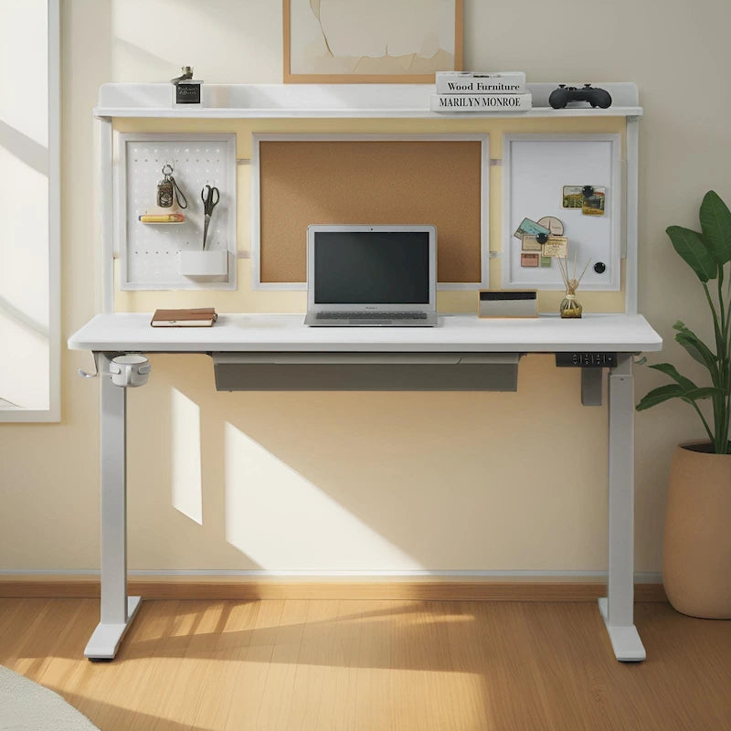 Bureau assis-debout électrique blanc avec tiroir et panneau arrière, poste de travail réglable en hauteur pour bureau à domicile