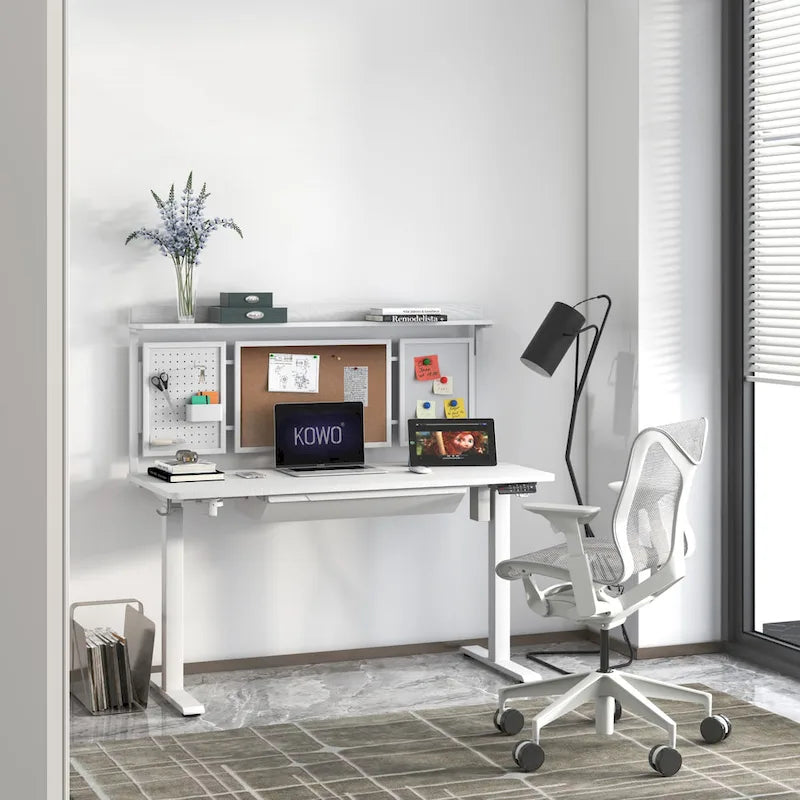 Bureau assis-debout électrique blanc avec tiroir et panneau arrière, poste de travail réglable en hauteur pour bureau à domicile