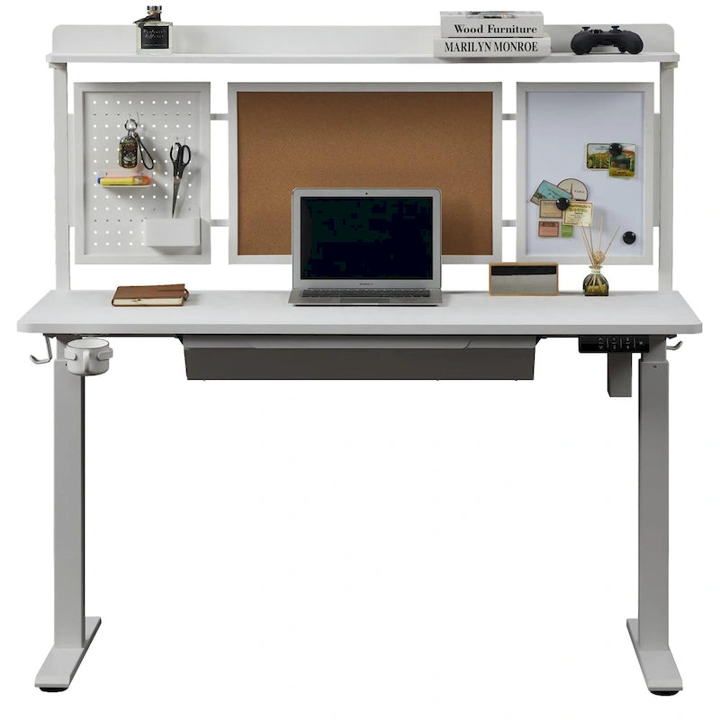 Bureau assis-debout électrique blanc avec tiroir et panneau arrière, poste de travail réglable en hauteur pour bureau à domicile