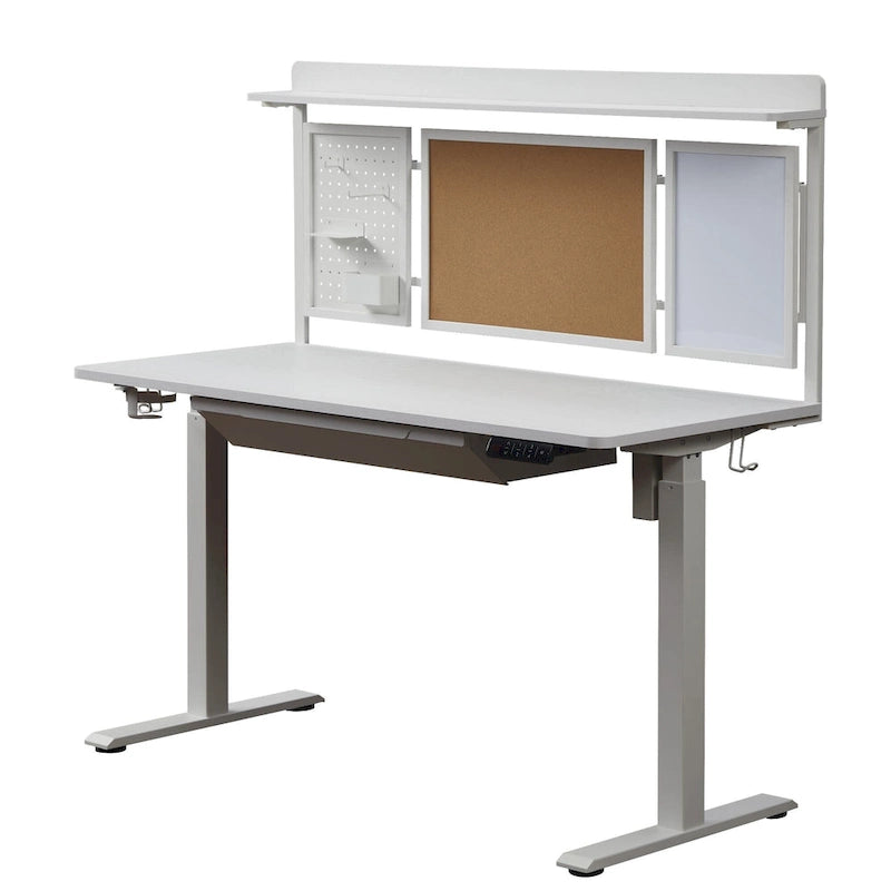 Bureau assis-debout électrique blanc avec tiroir et panneau arrière, poste de travail réglable en hauteur pour bureau à domicile