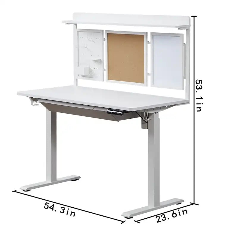 Bureau assis-debout électrique blanc avec tiroir et panneau arrière, poste de travail réglable en hauteur pour bureau à domicile